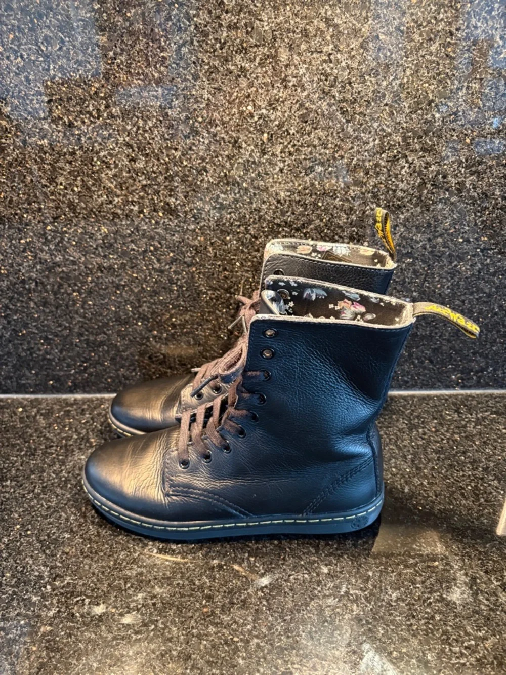 Dr. Martens Black Leather Combat Boots with Floral Lining - Picture 3 of 8